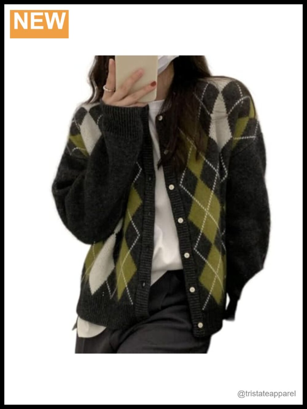 Chunky Knit Argyle Plaid Cardigan Preppy Y2K V-Neck Button Down Grandpa Sweater
